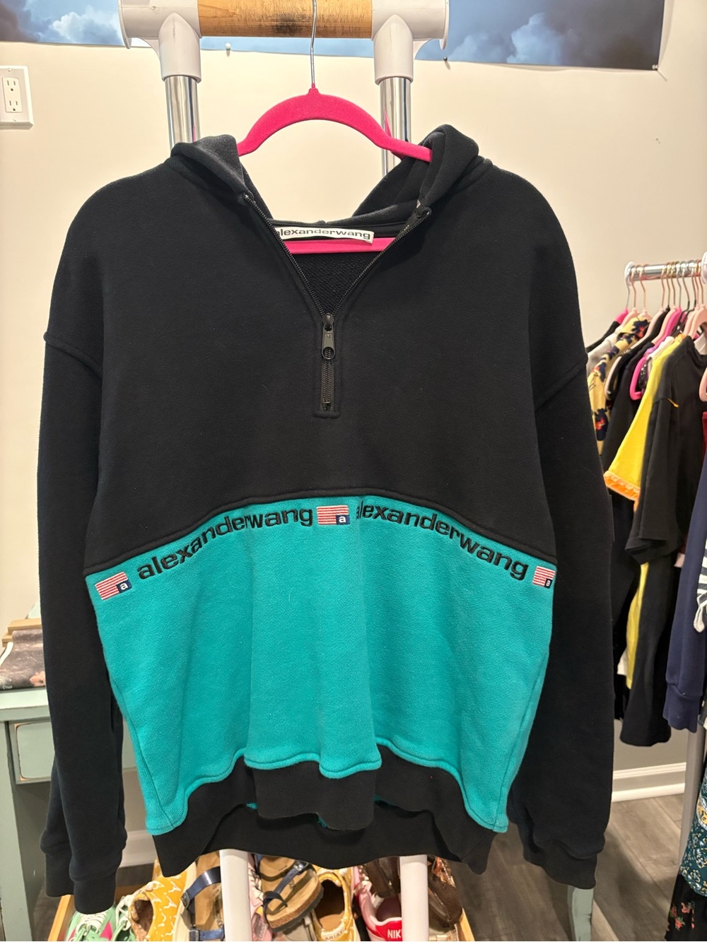 Alexander Wang black and turquoise quarter-Zip Hoodie. Sz M/L